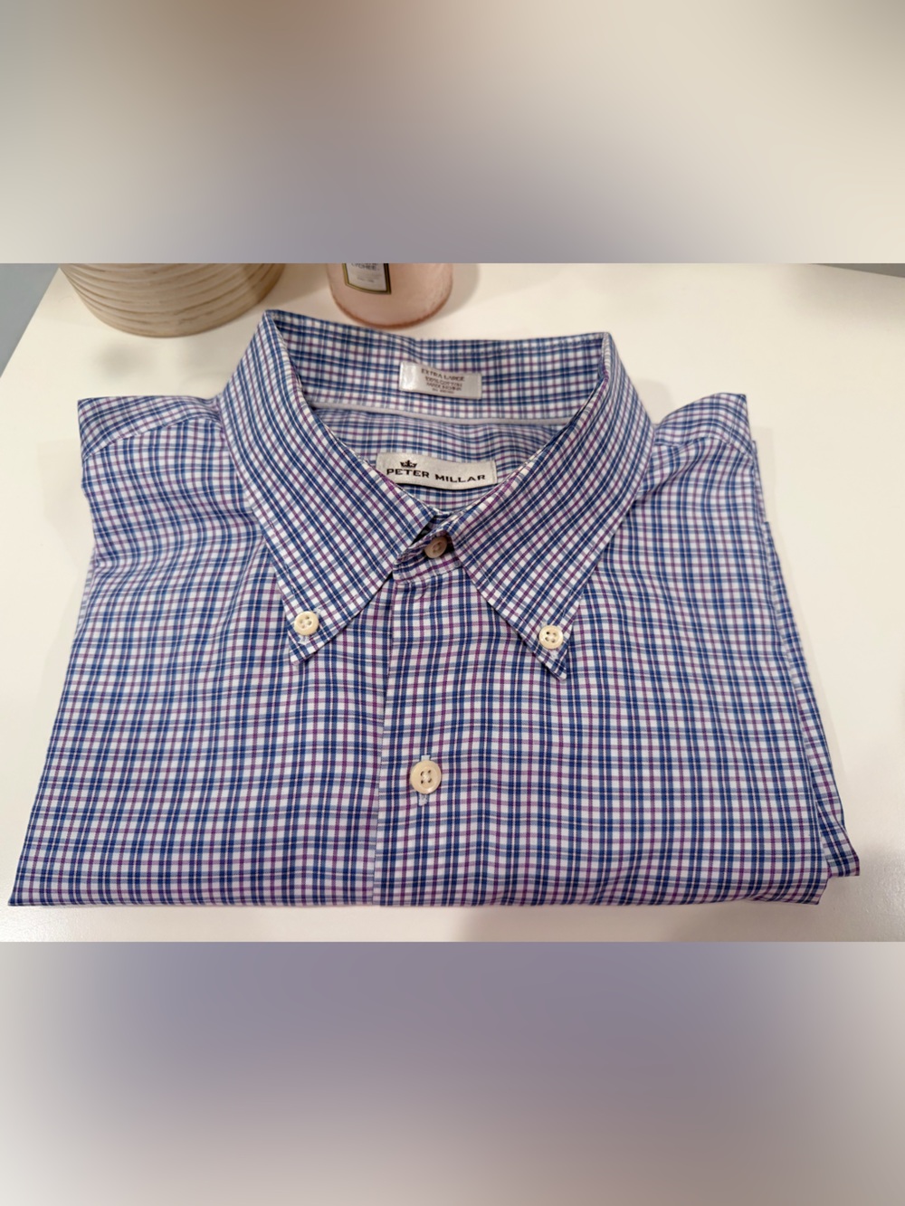 Peter Millar Purple & Blue Checked Button-Down Short Sleeve Shirt XL